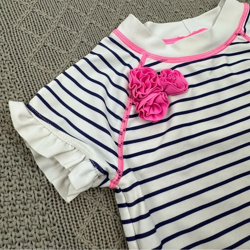 Janie and Jack Striped Kids Swim Top Rash Guard with Pink Accents ~ 4